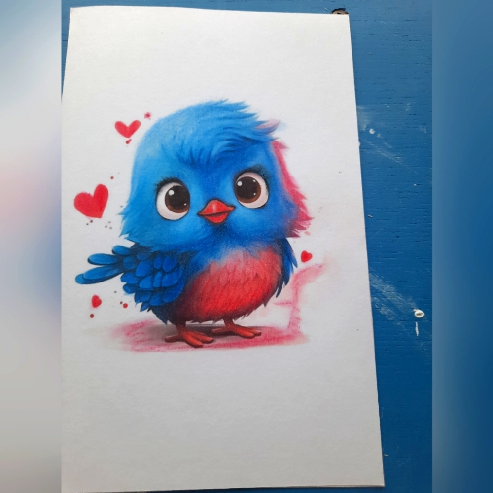 3 for 25$ , Blue bird greeting card on cotton paper / pastel pencils mixed media